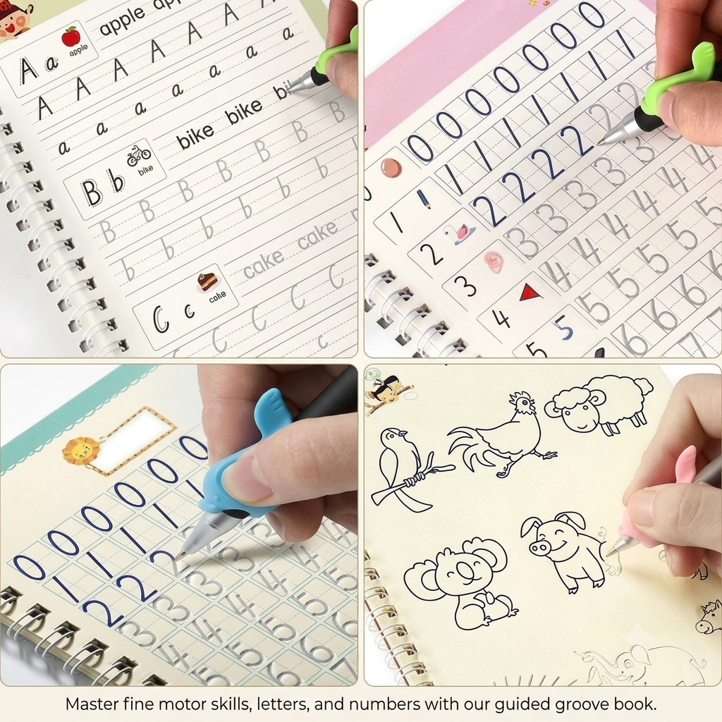 Kids alphabet and number tracing pages in reusable magic practice copybook
